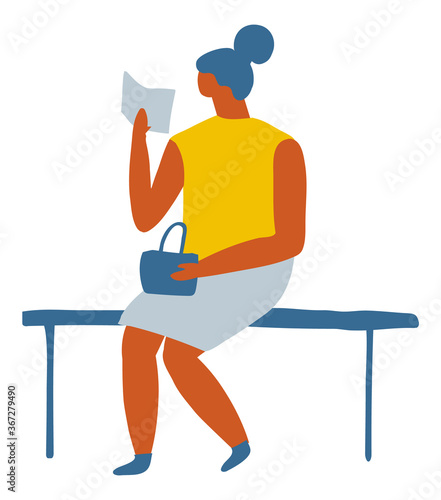 Woman Girl reading book on bench Flat Character Flat Vector