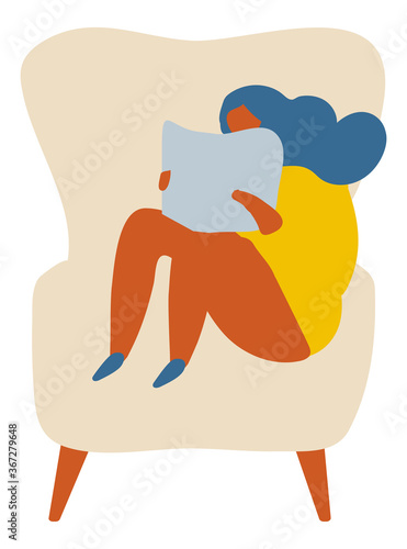 Woman or Girl with book sitting on chair at home. Reading. Flat Character Vector