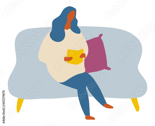 Woman or Girl with book sitting on chair at home. Reading. Flat Character Vector