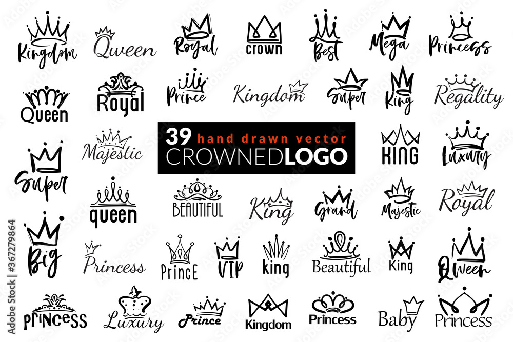 Obraz premium Crown icon logo. Set of 39 hand drawn crowns logo with tiara and inscriptions. Design kit for branding and identity with symbols of power, success, leadership and wealth or riches.