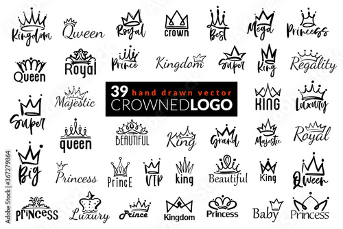 Crown icon logo. Set of 39 hand drawn crowns logo with tiara and inscriptions. Design kit for branding and identity with symbols of power, success, leadership and wealth or riches.