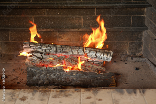 Fireplace firewood. 
A beautiful fire burns in the hearth