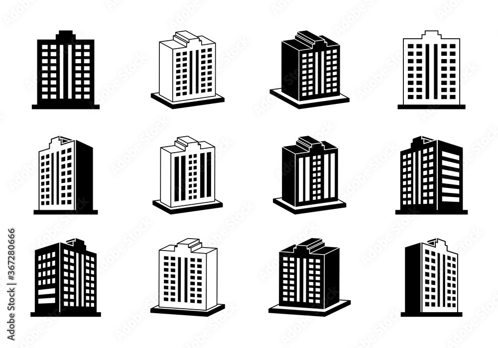 Company icons set, Building vector on white background, Silhouette hotel and condo illustration, Perspective bank and office
