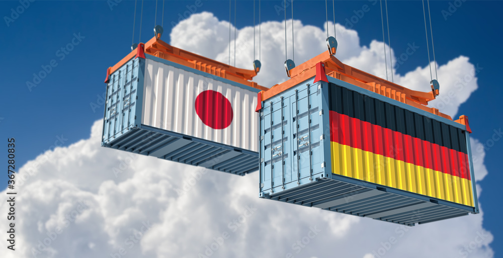 Freight containers with German and Japan flag. 3D Rendering 
