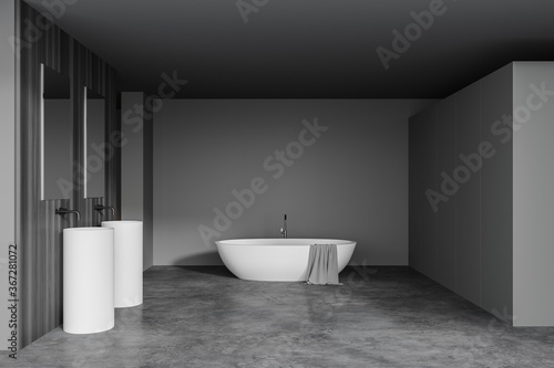 Grey and wooden bathroom interior  tub and sink