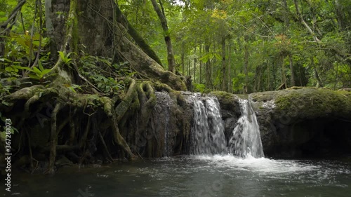 Wonderful scenery of small waterfall that flowing from the jungle through the lush foliage plants into the natural pond. Green freshness in tropical rain forest. Sa Nang Manora forest park. Thailand.