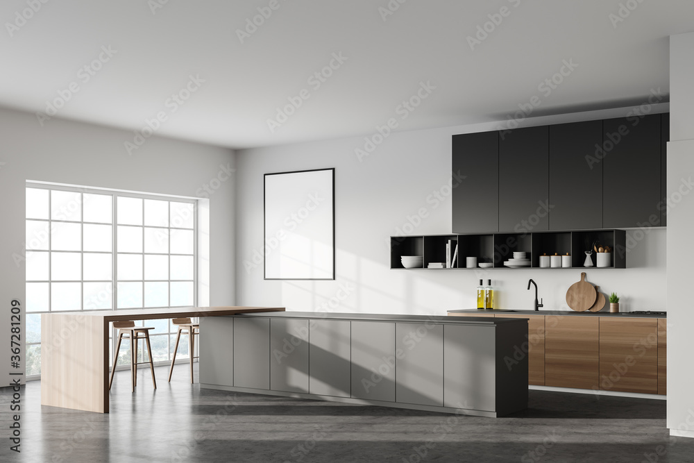 Obraz premium White kitchen corner with bar, window and poster