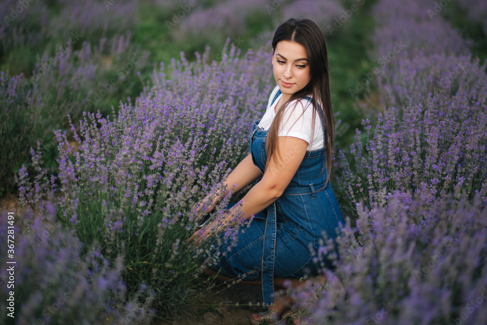 Young woman in denim dress sitting in lavender field in summer. Beautiful girl smile Young woman in denim dress sitting in lavender field in summer. Beautiful girl smile