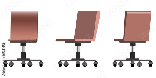Set of trendy vector flat 3d office modern computer chairs with pastel brown color shades. Front, side and back chairs view, for office briefing decoration and props