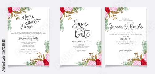 Invitation card template with watercolor rose design frame for Housewarming party celebration, save the date, wedding or greeting card. Vector design