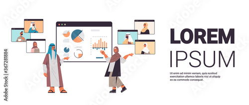 arabic businesspeople presenting financial graph to colleagues during video call business people having online conference meeting horizontal full length copy space vector illustration
