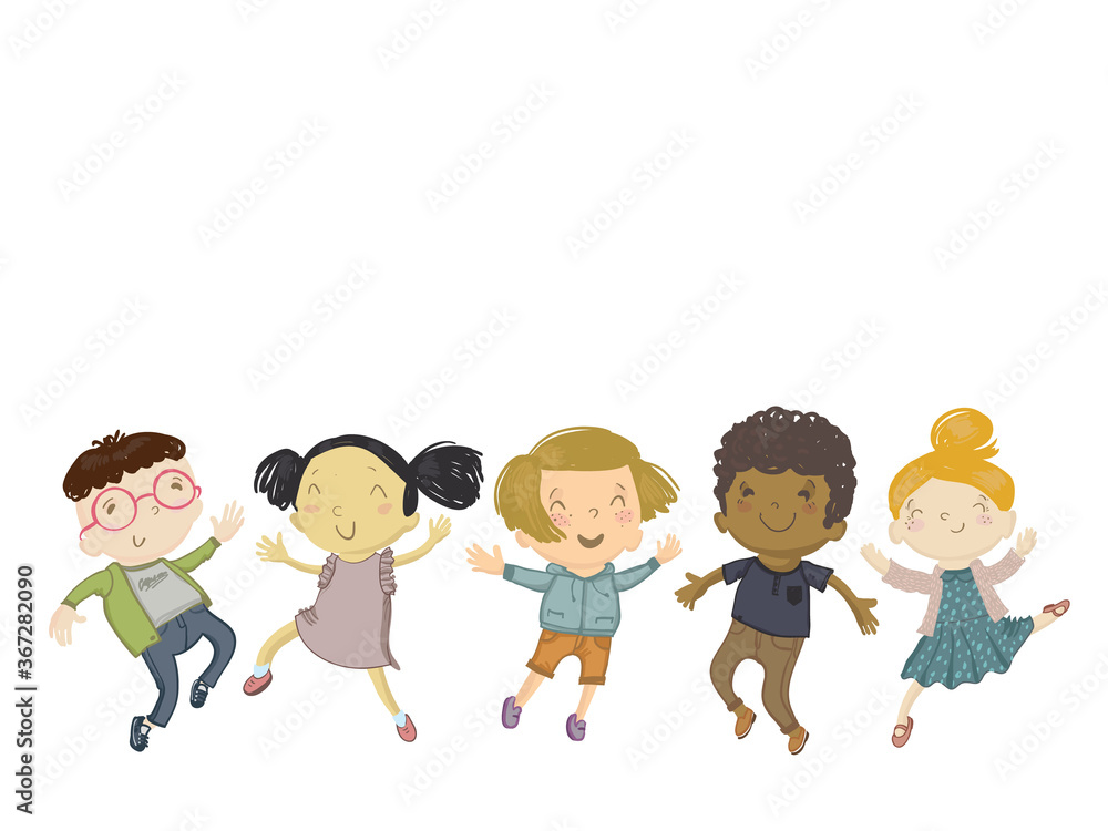 Happy kids. Boys and girls. Smart, Beauty, Geek, Asian, Chinese, European, Caucasian. Jumping and smiling. Cartoon doodle vector illustration