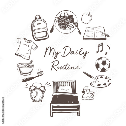 Kids Daily routine activities. Cartoon doodle vector illustration