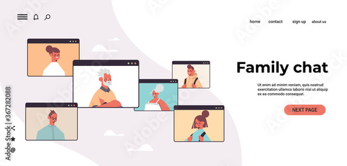 children parents and grandparents during video call family chat online communication concept people chatting in web browser windows portrait horizontal copy space vector illustration