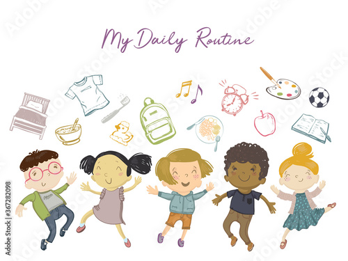 Kids daily routine. Happy kids with daily activities. Boys and girls. Smart, Beauty, Geek, Asian, Chinese, European, Caucasian. Jumping and smiling. Cartoon doodle vector illustration