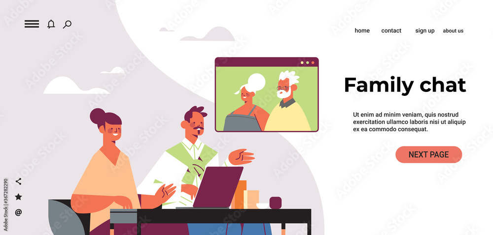 young couple having virtual meeting with grandparents during video call family chat online communication concept portrait horizontal copy space vector illustration young couple having virtual meeting with grandparents during video call family chat online communication concept portrait horizontal copy space vector illustration