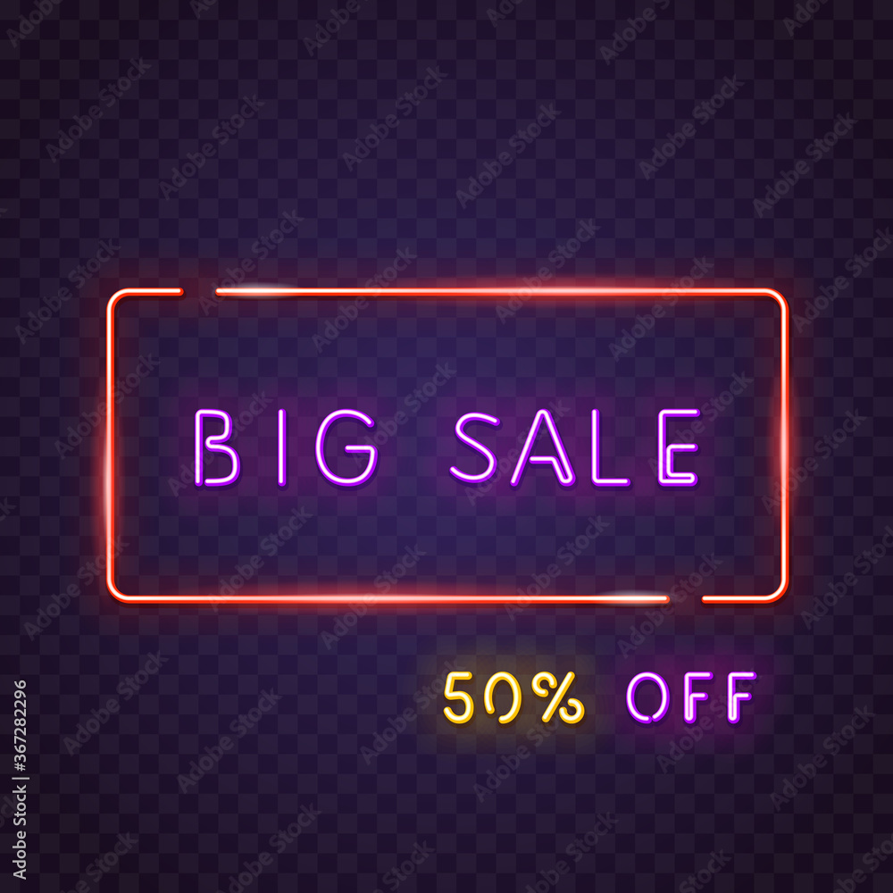 Big sale neon text. 50% off bonus text. Neon lamp square sign. Glowing neon sign of big sign or banner. Template for glowing neon banner on transparent background.