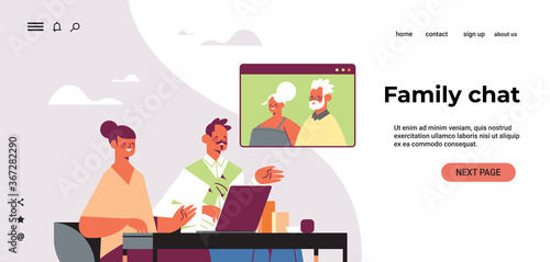 young couple having virtual meeting with grandparents during video call family chat online communication concept portrait horizontal copy space vector illustration