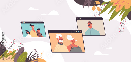 children parents and grandparents discussing during video call family chat online communication concept people chatting in web browser windows portrait horizontal vector illustration