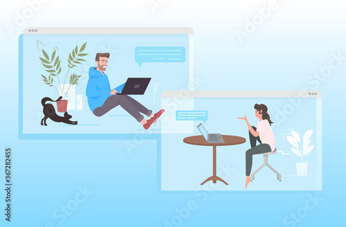 couple using laptops man woman discussing during video call chat bubble communication concept web browser windows full length horizontal vector illustration