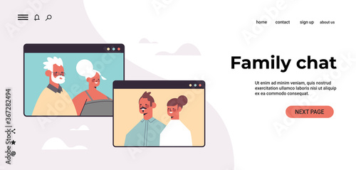 couple having virtual meeting with grandparents during video call family chat communication concept people chatting in web browser windows portrait horizontal copy space vector illustration