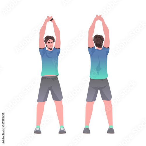 man doing yoga fitness exercises training healthy lifestyle concept guy working out front back view isolated full length vector illustration