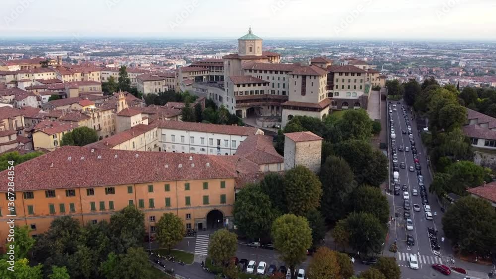 Europe, Italy , Lombardy , Bergamo July 2020 - Drone aerial view of Bergamo alta old city after Covid-19 Coronavirus epidemic lockdown Europe, Italy , Lombardy , Bergamo July 2020 - Drone aerial view of Bergamo alta old city after Covid-19 Coronavirus epidemic lockdown