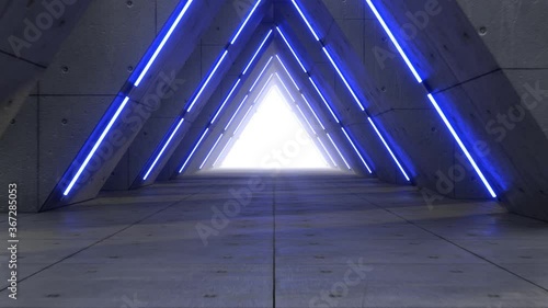 Flight through concrete hall 3D animation. Blue neon version.