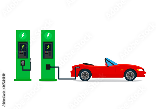 Electric car charging at the charger station. Vector illustration, flat design.