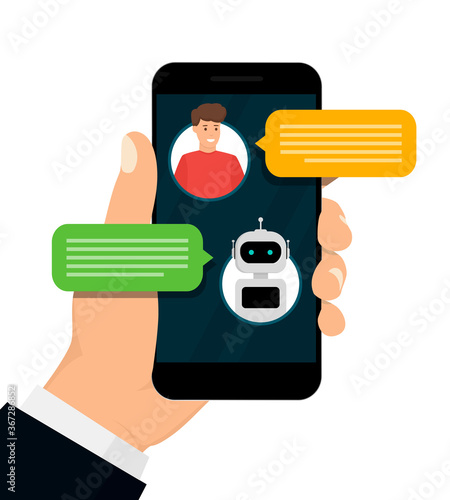 Hand holding smartphone with human conversation with robot. Chatting with bot. Vector illustration isolated on white background. Flat design.