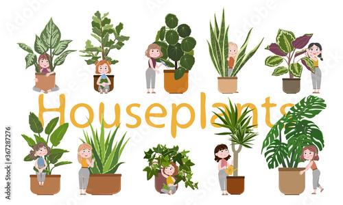 Cute collection of girls in home clothes caring for different indoor plants in ceramic pots. Vector illustration