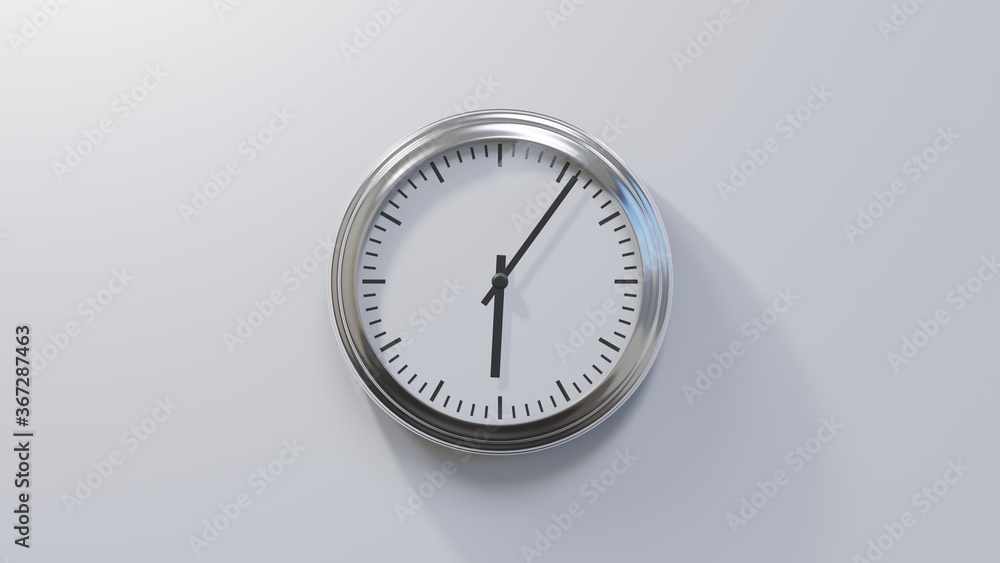 Glossy chrome clock on a white wall at six past six. Time is 06:06 or 18:06 Glossy chrome clock on a white wall at six past six. Time is 06:06 or 18:06