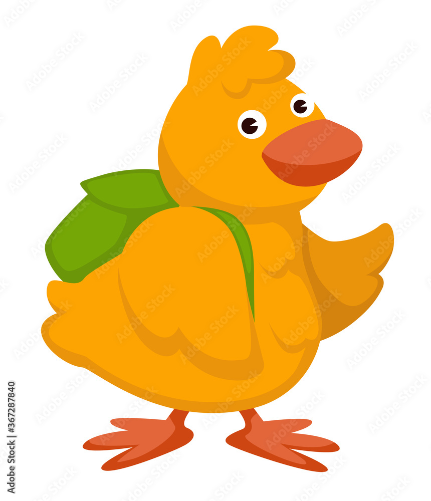 Chicken bird with rucksack, small birdie character with backpack Chicken bird with rucksack, small birdie character with backpack