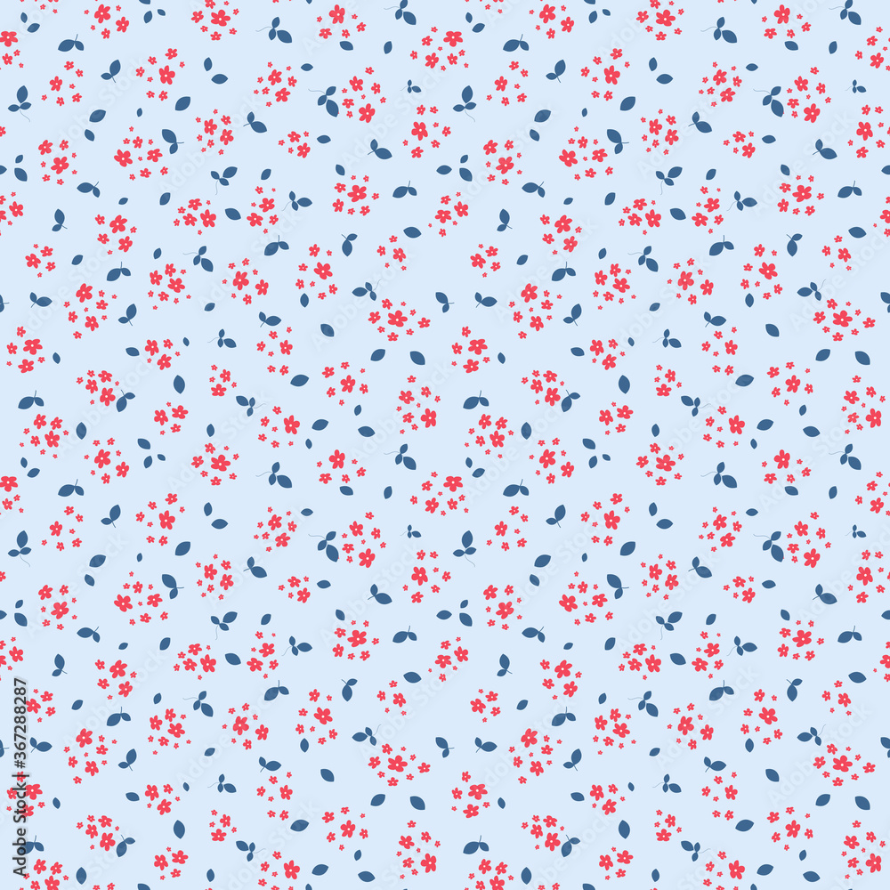 Vector seamless pattern with small red pretty flowers and blue leaves. Liberty style wallpapers. Simple floral background. Elegant ditsy ornament. Cute repeat design for print, decoration, textile Vector seamless pattern with small red pretty flowers and blue leaves. Liberty style wallpapers. Simple floral background. Elegant ditsy ornament. Cute repeat design for print, decoration, textile