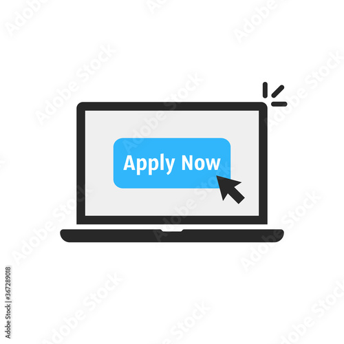 black laptop with blue apply now button