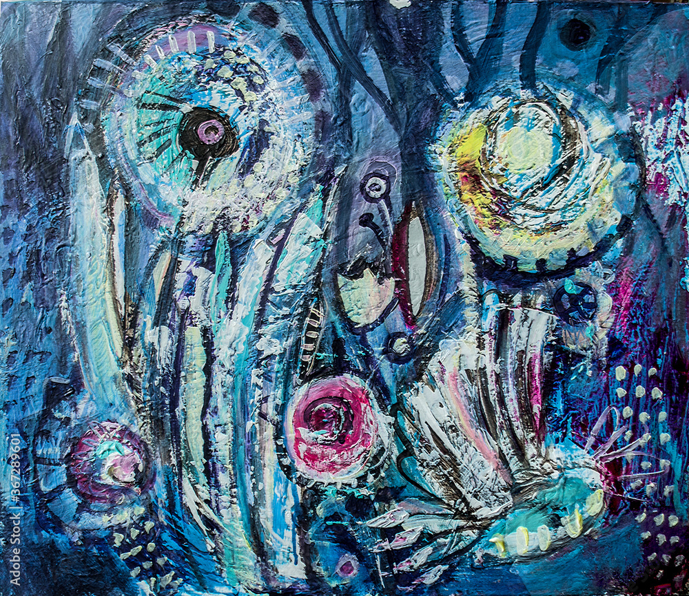 Fototapeta Krajobraz akrylowy. Niebieskie kwiaty allium, koniczyna, mniszek lekarski i ważka.