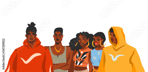 Hand drawn vector abstract stock flat graphic illustration with young black afro american beauty people group in fashion outfit isolated on white background