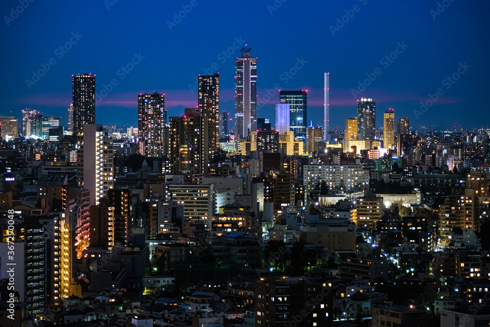 東京 文京シビックセンター 展望ラウンジからの景色 池袋方面 曇天の夜景