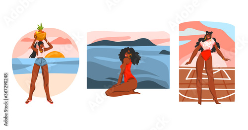 Hand drawn vector abstract stock flat graphic illustration collection set with young happy black afro american beauty females ,in everyday routine scenes creator isolated on white background