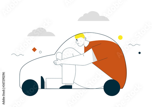 Vector linear character illustration of man sitting at car linear silhouette