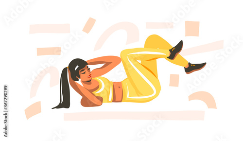 Hand drawn vector abstract stock graphic illustration with young happy female, doing fitness on mat and watching online training video isolated on white background