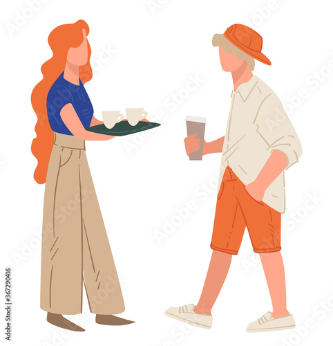 Waitress serving clients carrying tray with coffee cups