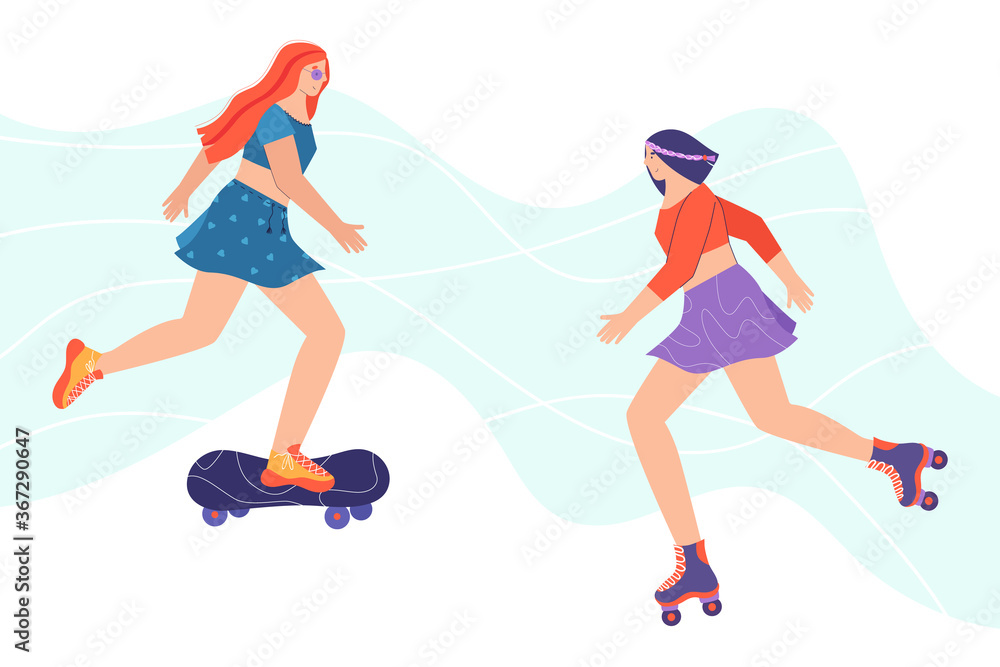 Leisure. The woman is rollerblading. The woman is riding a skateboard. Vector illustration in cartoon style.