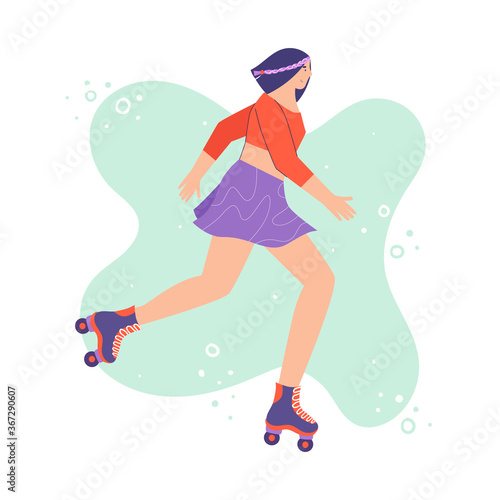 Pretty woman is rollerblading. Vector illustration in cartoon style.