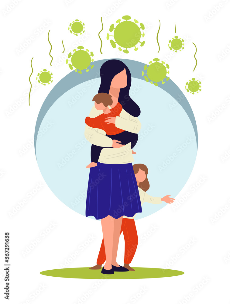 Mom protecting kids from coronavirus, woman in shield Mom protecting kids from coronavirus, woman in shield