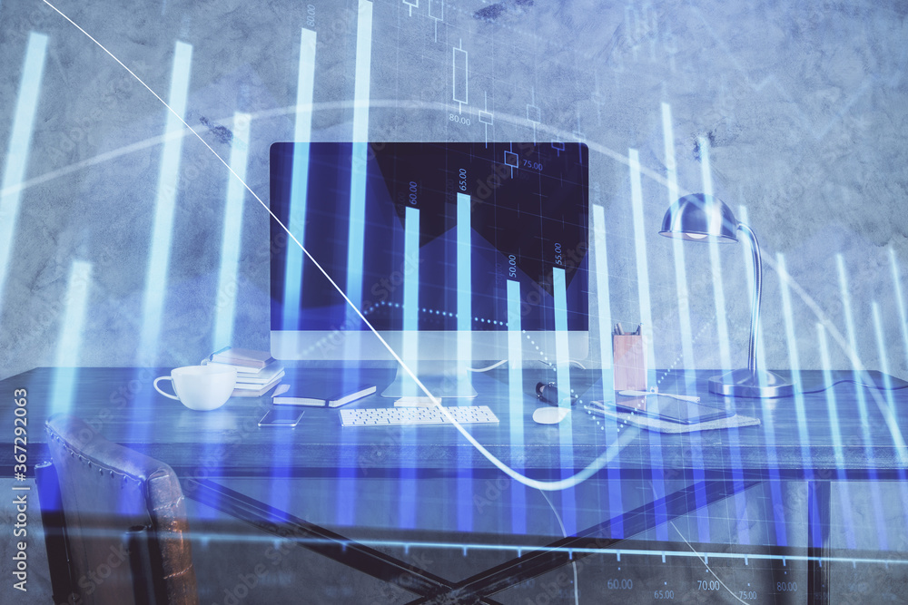 Double exposure of forex chart and work space with computer. Concept of international online trading. Double exposure of forex chart and work space with computer. Concept of international online trading.