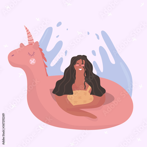 Woman resting on the sea in an inflatable unicorn. Vector illustration.