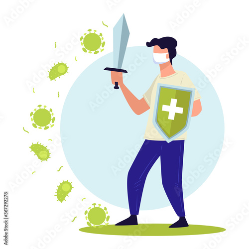 Man wearing mask fighting against bacteria and diseases