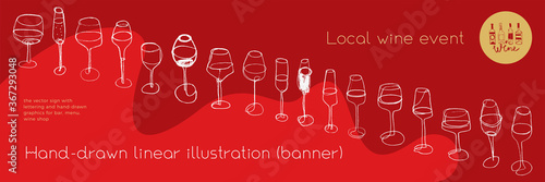 Horizontal restaurant banner with wine glasses icons in trendy line art style. Homemade cooking with Cooking utensils vector. Cooking courses banner. Wine glass icons for bar poster, local wine event