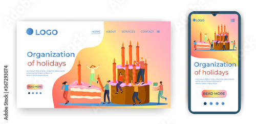 Organization of holidays.Device for holiday parties.People on the background of festive treats.Birthday and anniversary.The template of the landing page.Flat vector illustration.